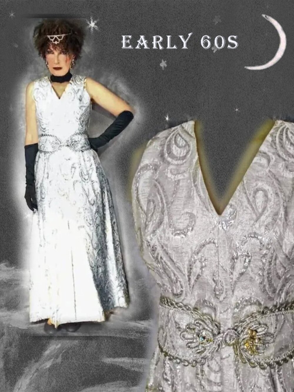 Silver Gown Empire Waist Formal, Early 60s Metallic Matelasse - Edgy Bride?